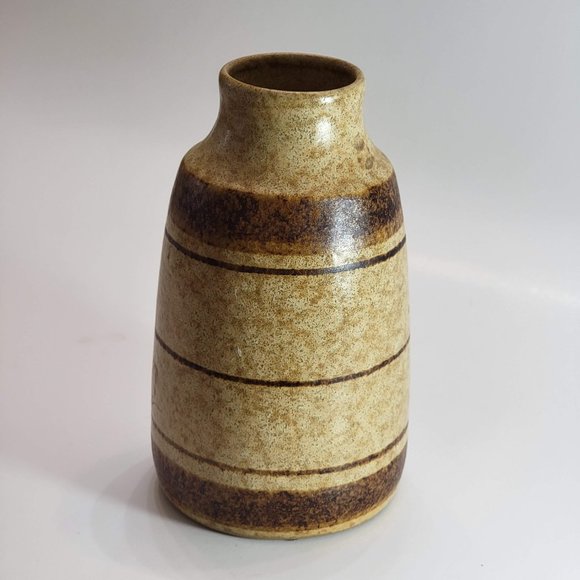 Small Ceramic Vase Brown with Stripes Pottery Craft Handcrafted Stoneware - Picture 1 of 7